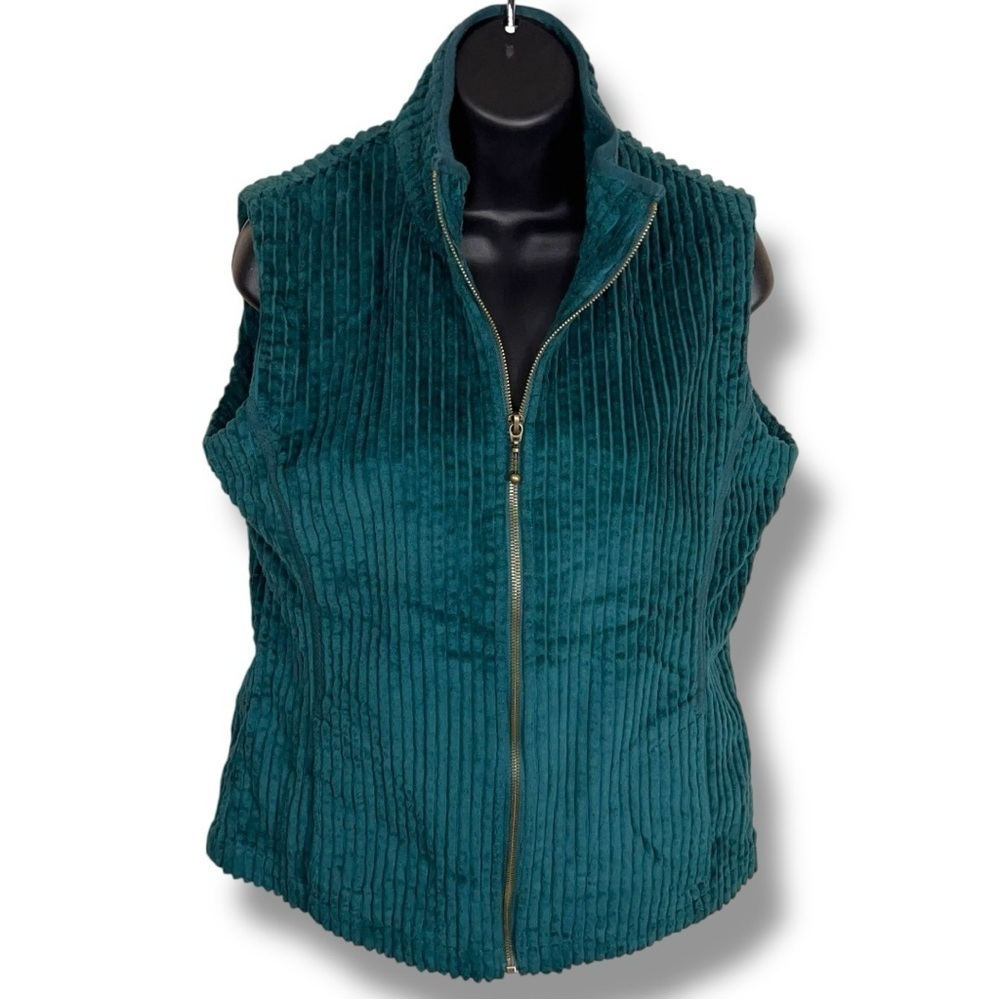 New Small Petite Woolrich Green Ribbed Corduroy Vest Zip Closure Cotton